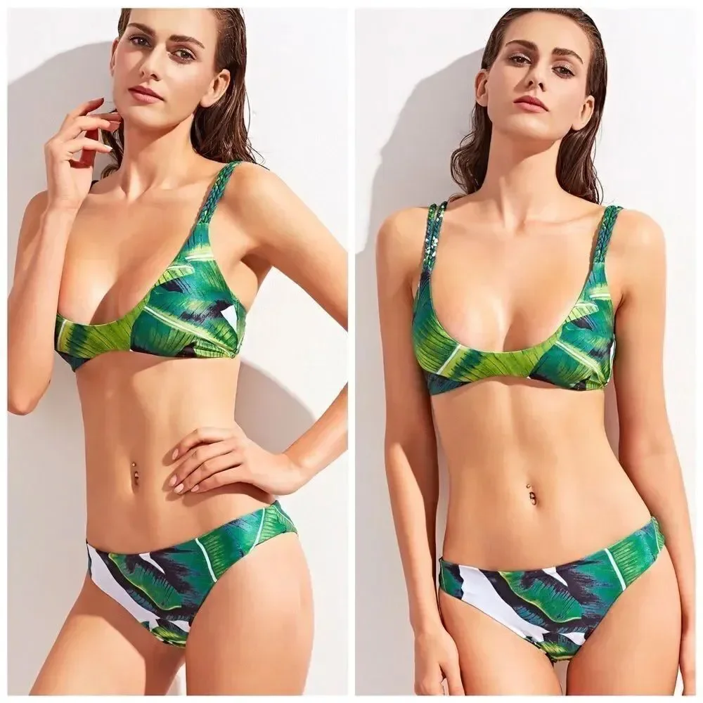 ✨3xHP✨Green Tropic Print Braided Strap Bikini Set✨